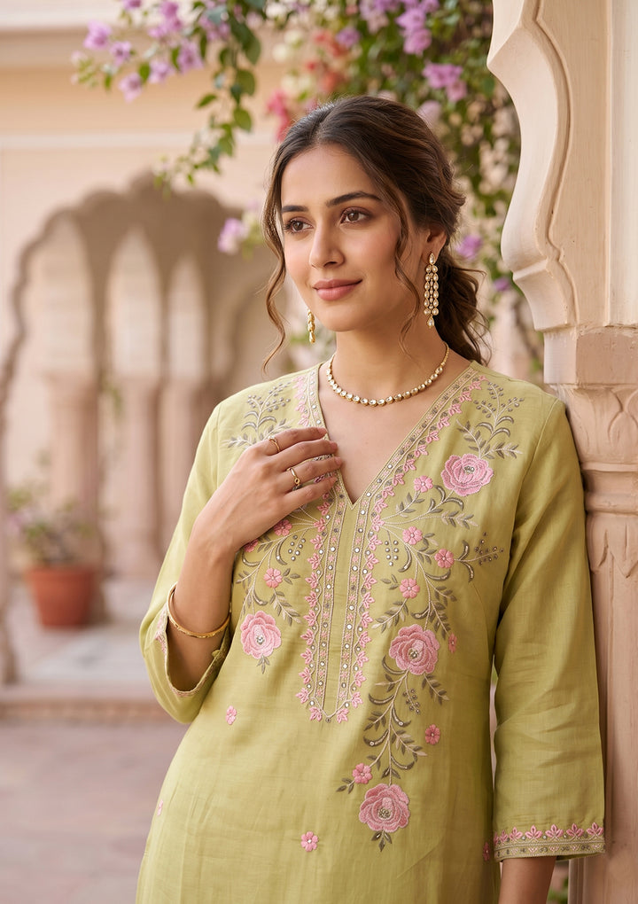Pista Green Threadwork Soft Raw Silk Readymade Salwar Suit