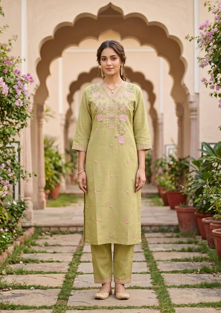 Pista Green Threadwork Soft Raw Silk Readymade Salwar Suit