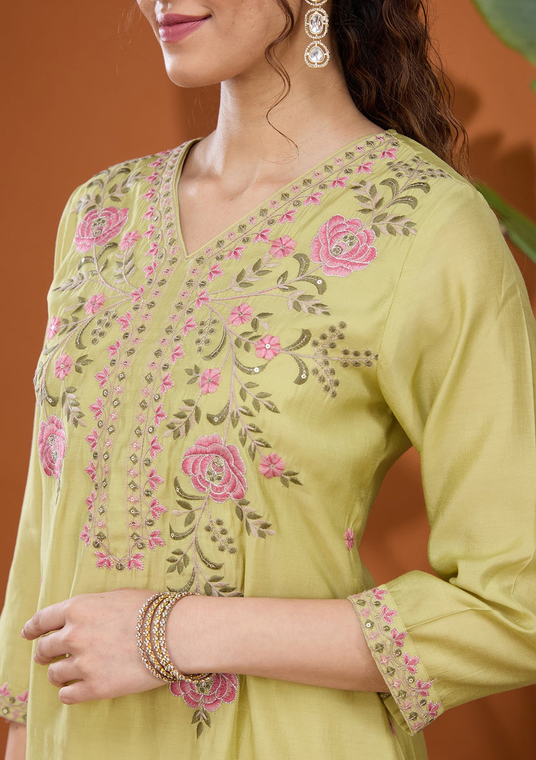 Pista Green Threadwork Soft Raw Silk Readymade Salwar Suit