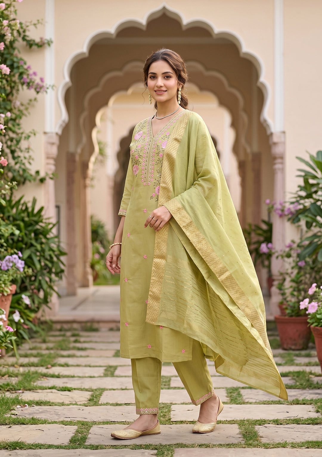 Pista Green Threadwork Soft Raw Silk Readymade Salwar Suit