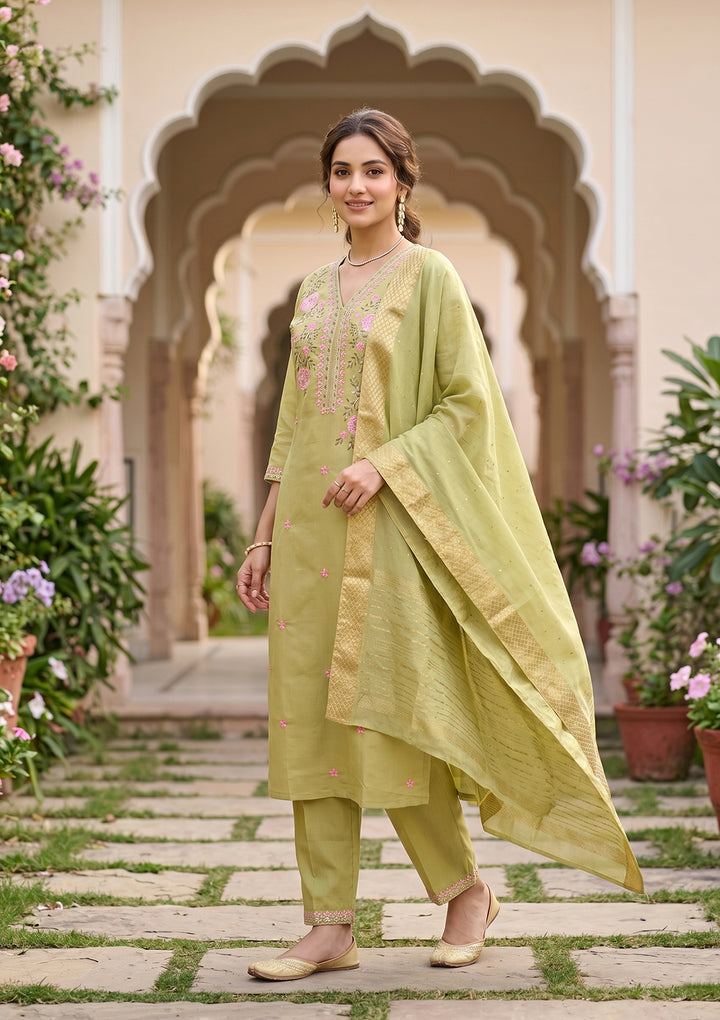 Pista Green Threadwork Soft Raw Silk Readymade Salwar Suit