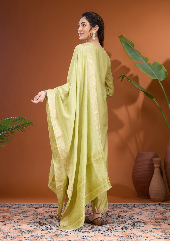 Pista Green Threadwork Soft Raw Silk Readymade Salwar Suit