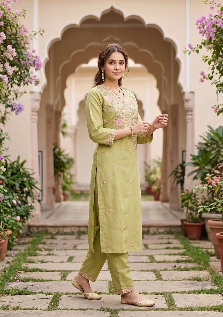Pista Green Threadwork Soft Raw Silk Readymade Salwar Suit