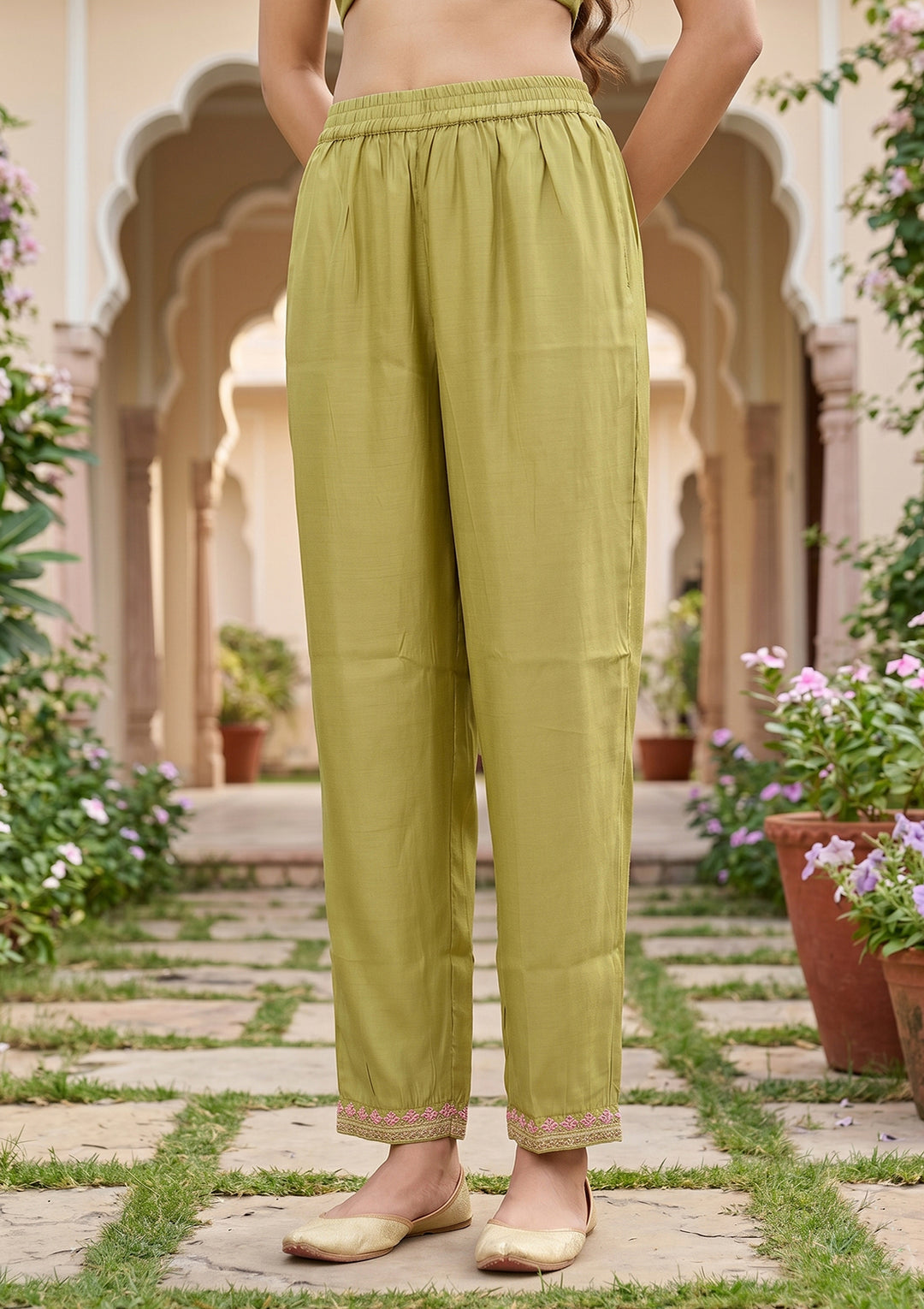 Pista Green Threadwork Soft Raw Silk Readymade Salwar Suit