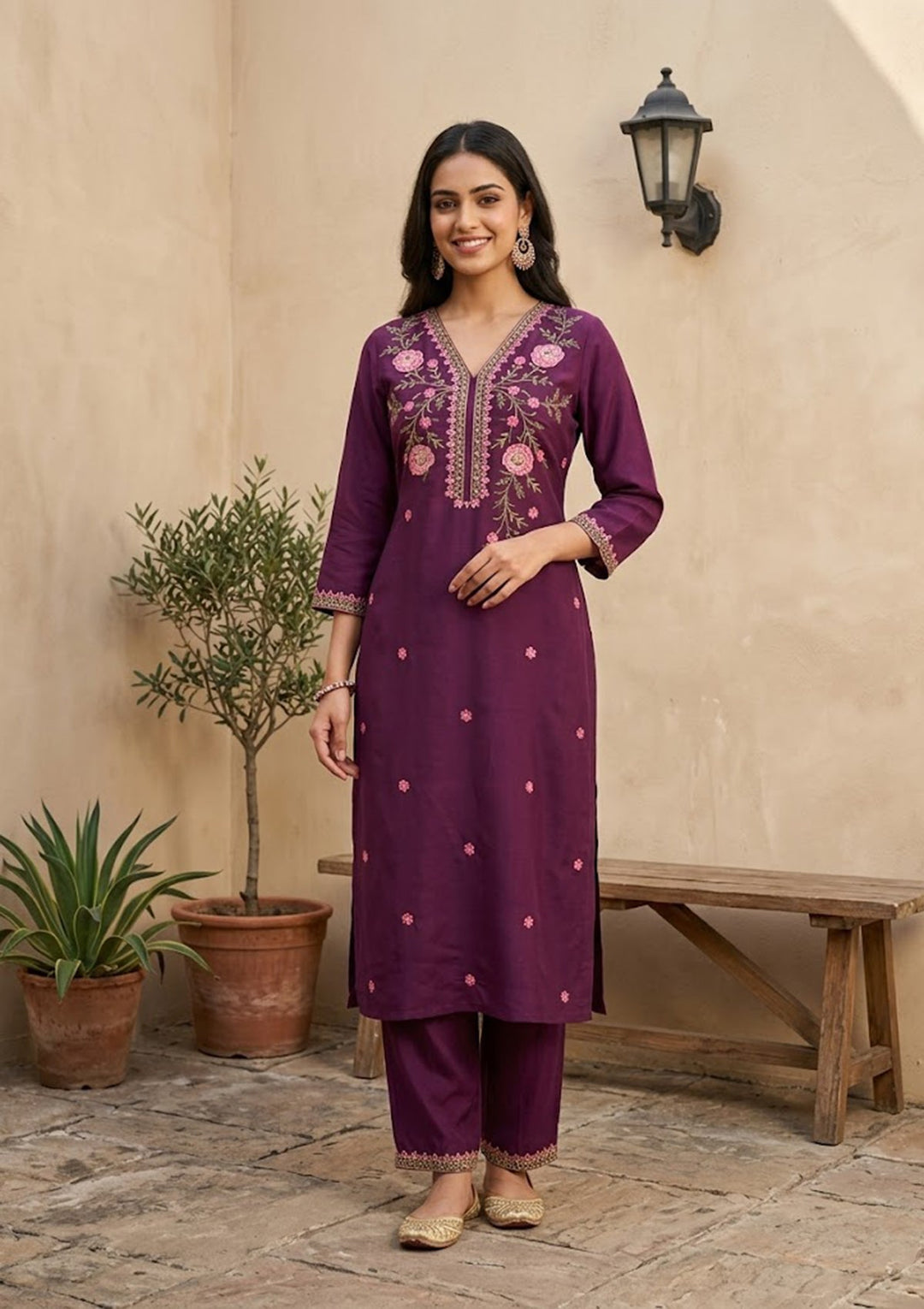 Wine Threadwork Soft Raw Silk Readymade Salwar Suit