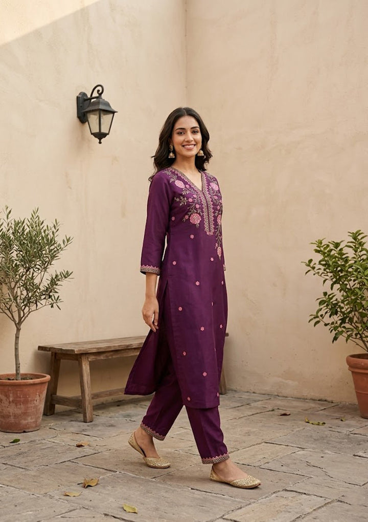 Wine Threadwork Soft Raw Silk Readymade Salwar Suit