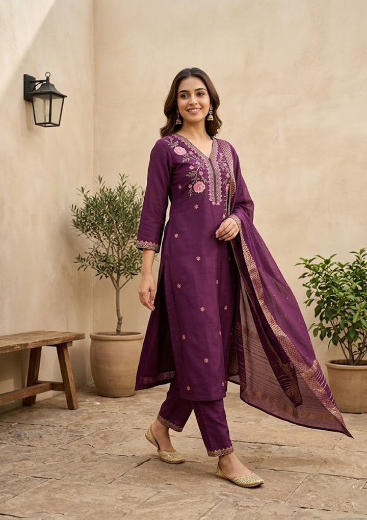 Wine Threadwork Soft Raw Silk Readymade Salwar Suit