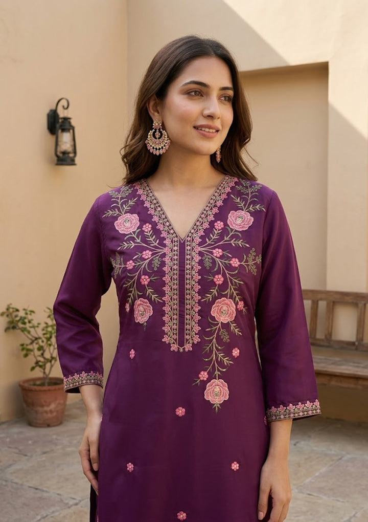 Wine Threadwork Soft Raw Silk Readymade Salwar Suit