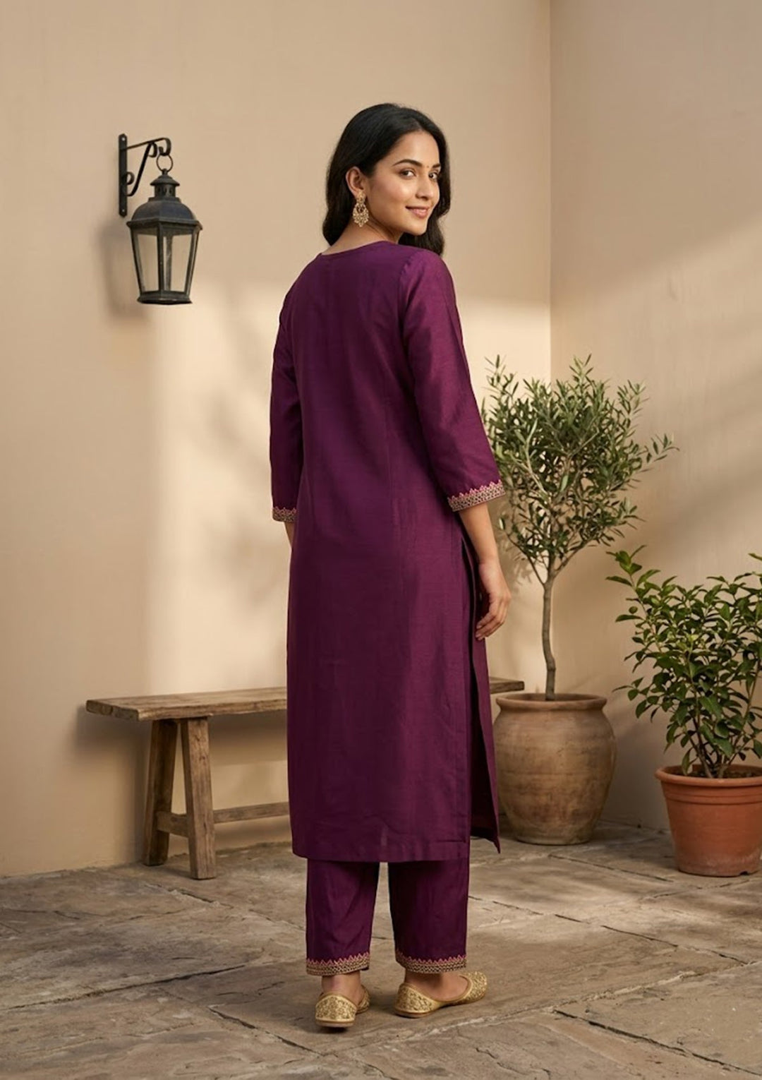 Wine Threadwork Soft Raw Silk Readymade Salwar Suit