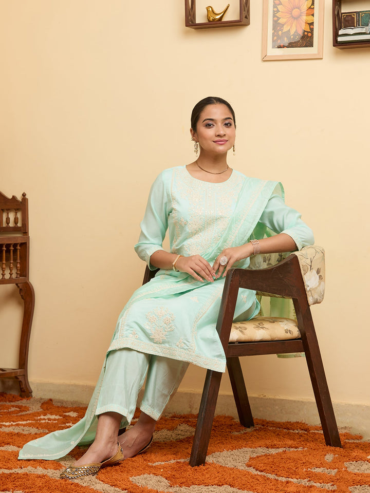 Blue Threadwork Chanderi Readymade Salwar Suit