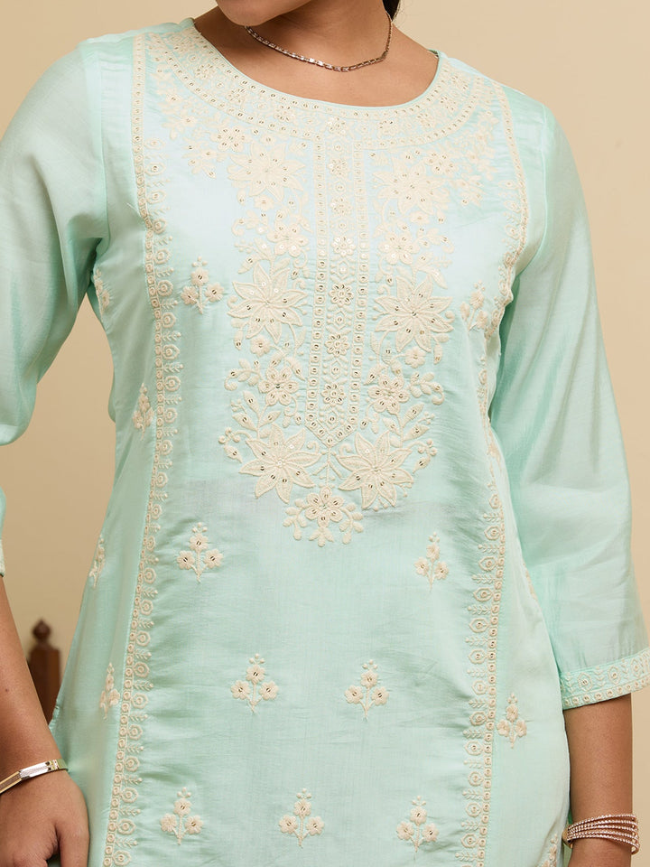 Blue Threadwork Chanderi Readymade Salwar Suit