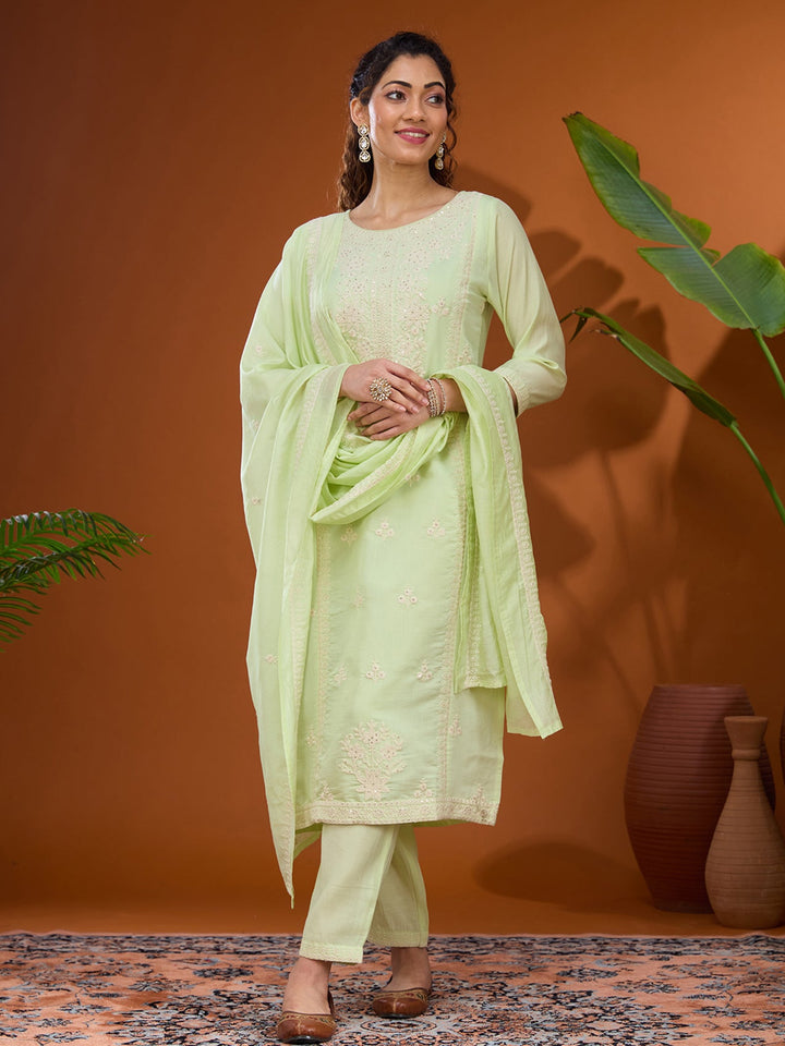 Pista Green Threadwork Chanderi Readymade Salwar Suit