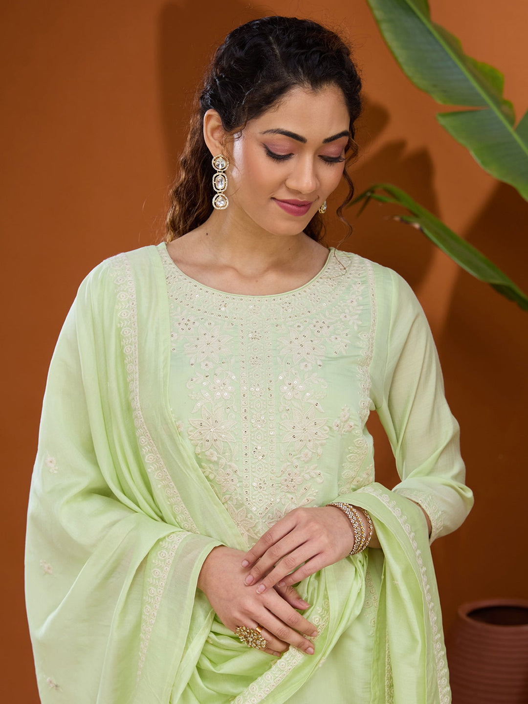 Pista Green Threadwork Chanderi Readymade Salwar Suit