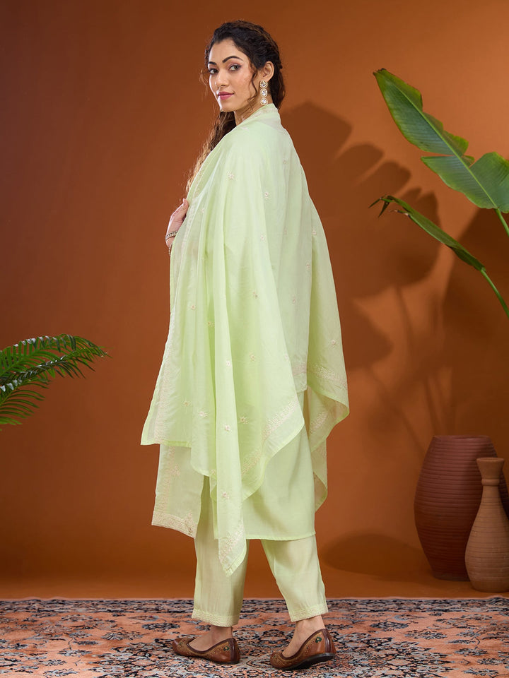 Pista Green Threadwork Chanderi Readymade Salwar Suit