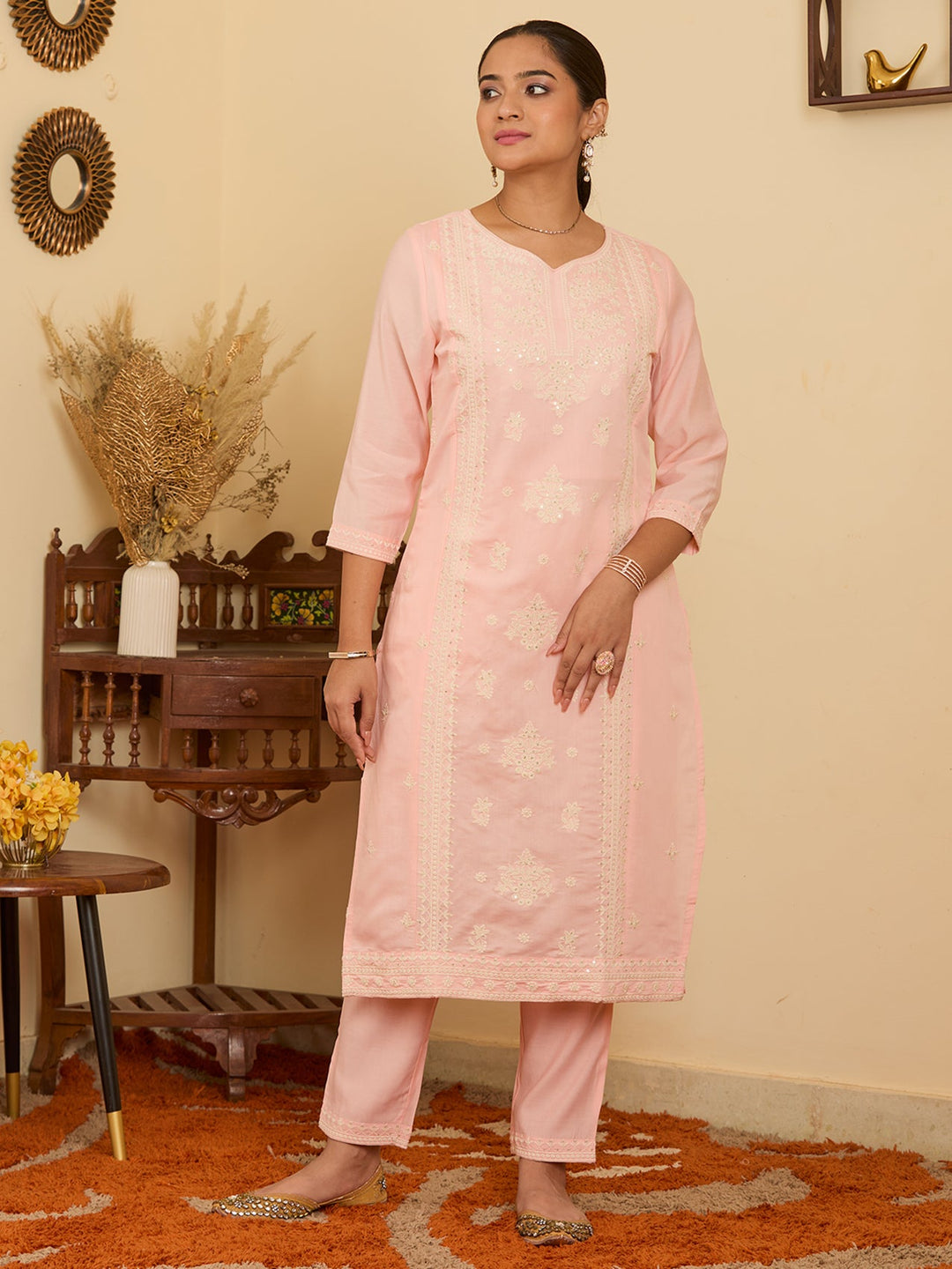 Peach Threadwork Chanderi Readymade Salwar Suit