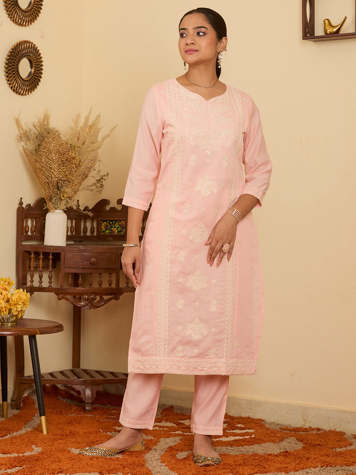 Peach Threadwork Chanderi Readymade Salwar Suit