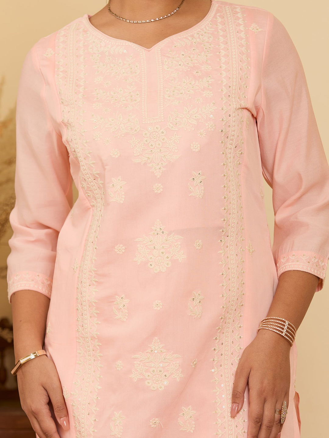 Peach Threadwork Chanderi Readymade Salwar Suit