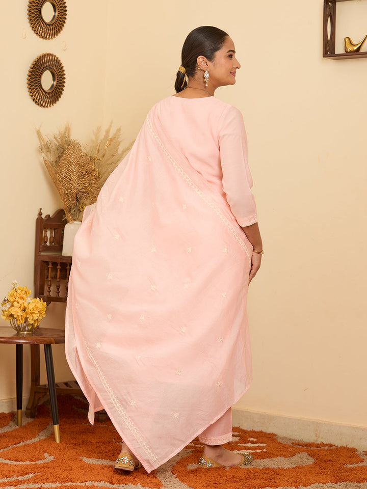 Peach Threadwork Chanderi Readymade Salwar Suit