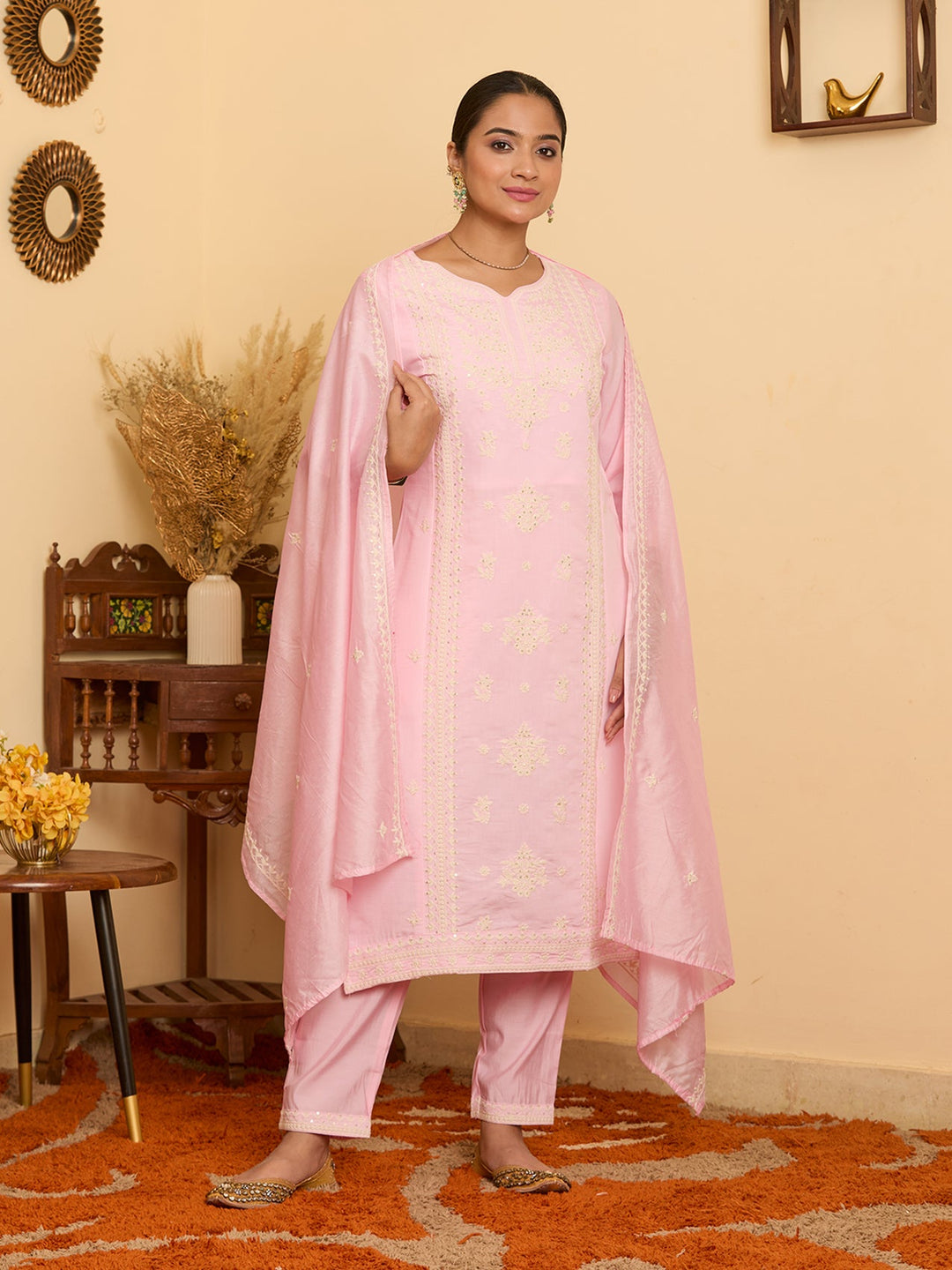 Pink Threadwork Chanderi Readymade Salwar Suit