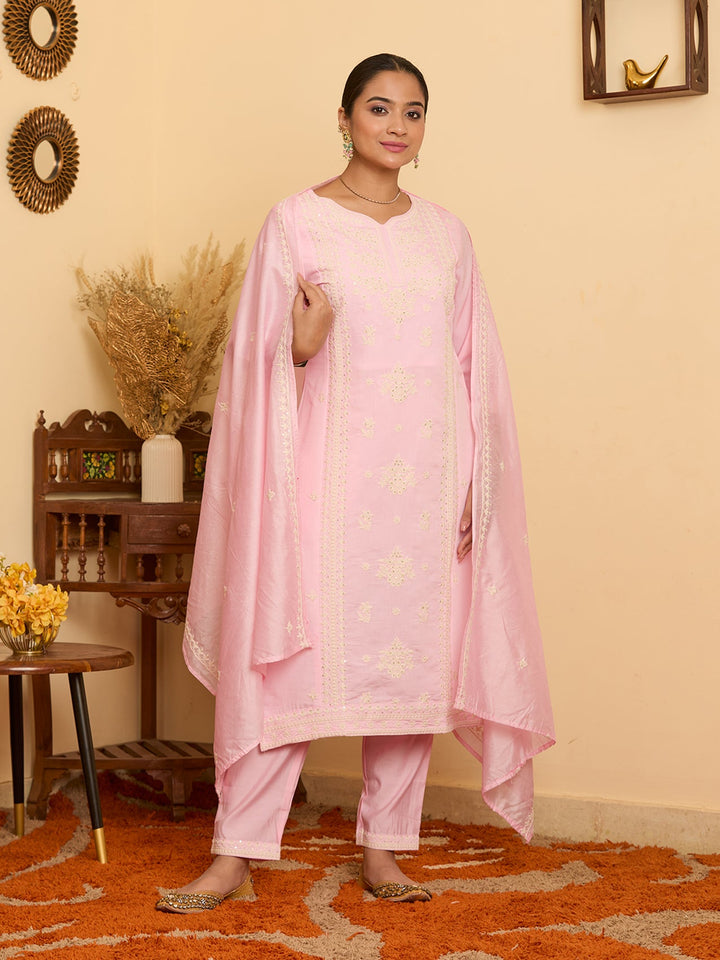 Pink Threadwork Chanderi Readymade Salwar Suit