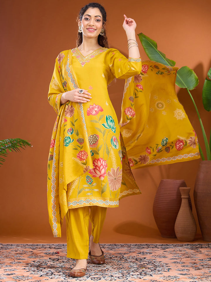 Mustard Yellow Threadwork Soft Raw Silk Readymade Salwar Suit