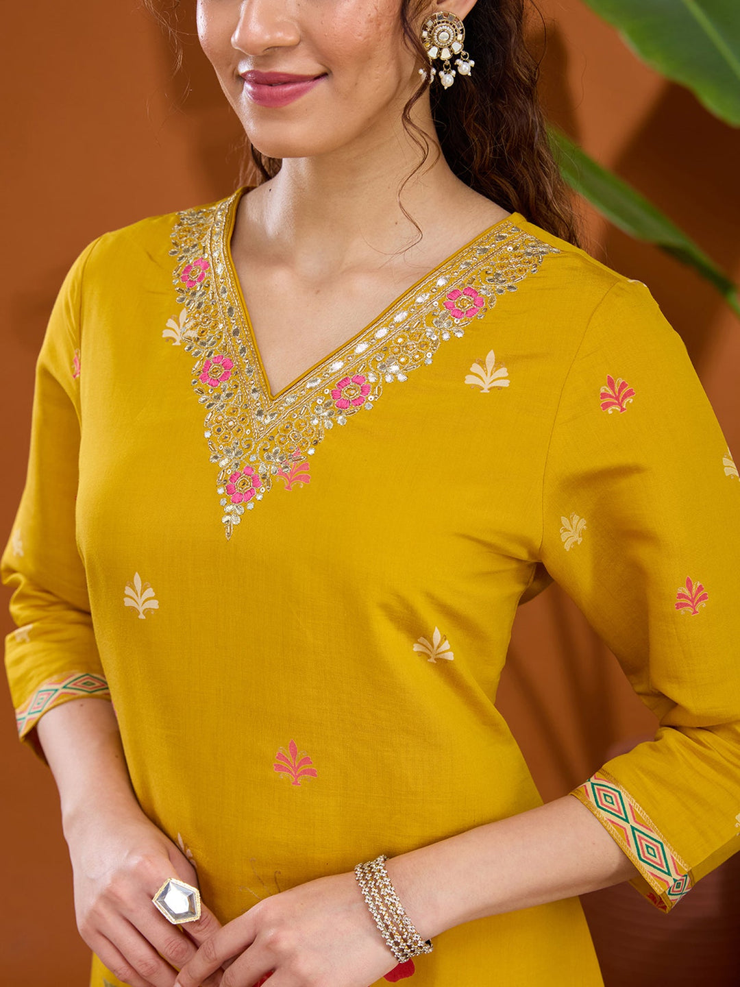 Mustard Yellow Threadwork Soft Raw Silk Readymade Salwar Suit