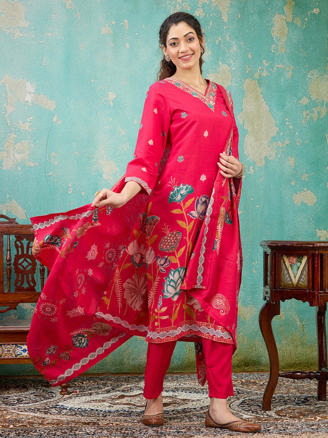 Rani Pink Threadwork Soft Raw Silk Readymade Salwar Suit