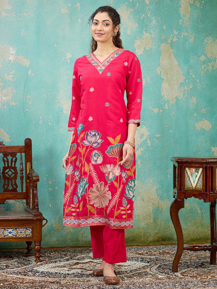 Rani Pink Threadwork Soft Raw Silk Readymade Salwar Suit