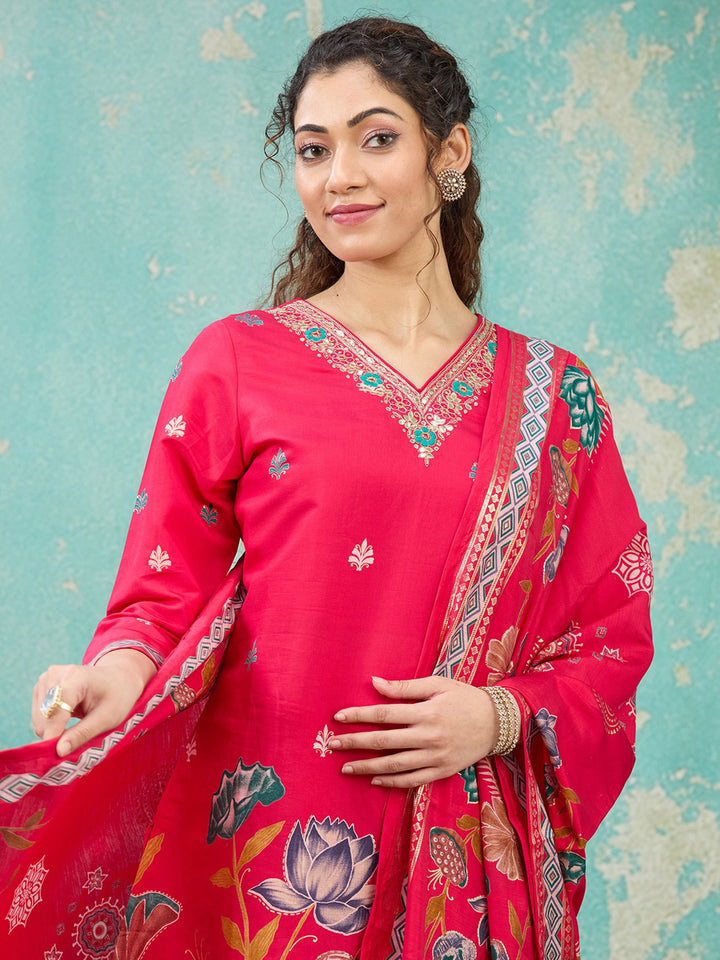 Rani Pink Threadwork Soft Raw Silk Readymade Salwar Suit