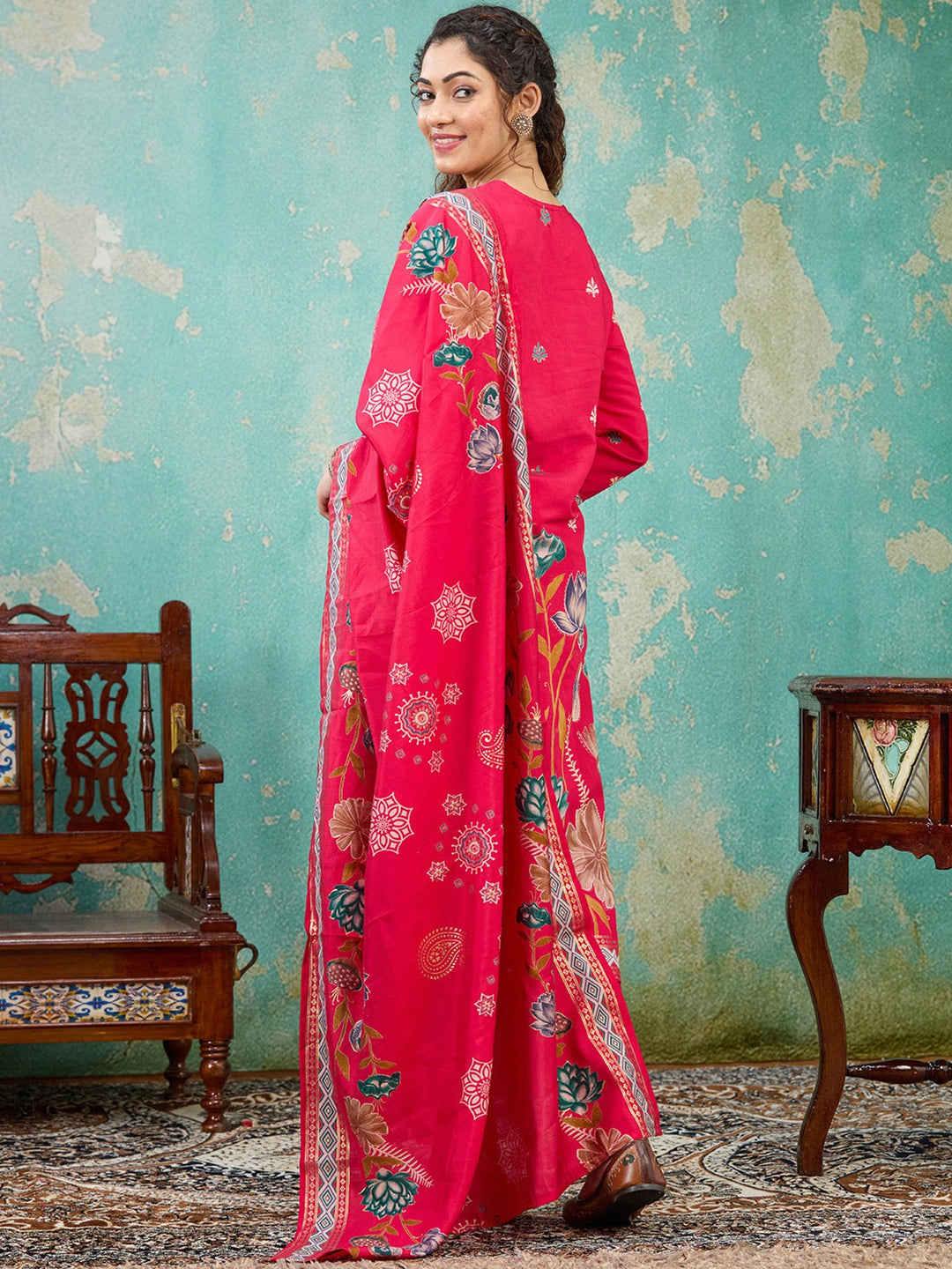 Rani Pink Threadwork Soft Raw Silk Readymade Salwar Suit