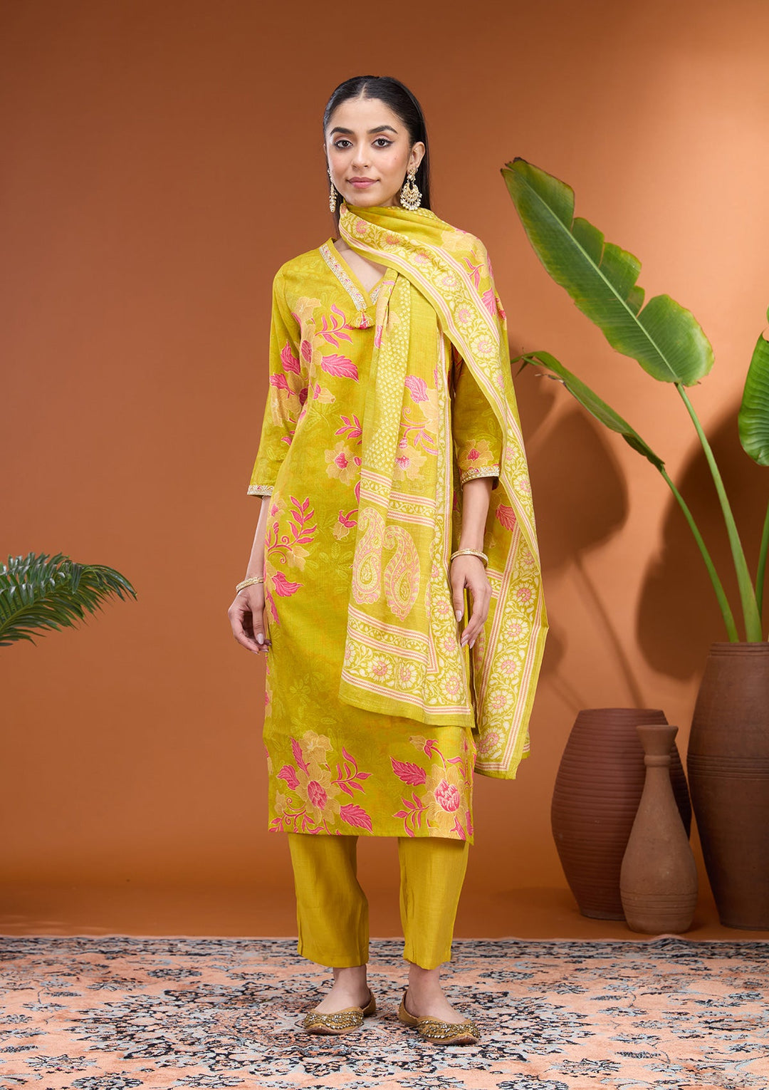Mehandi Green Cording Soft Raw Silk Readymade Salwar Suit