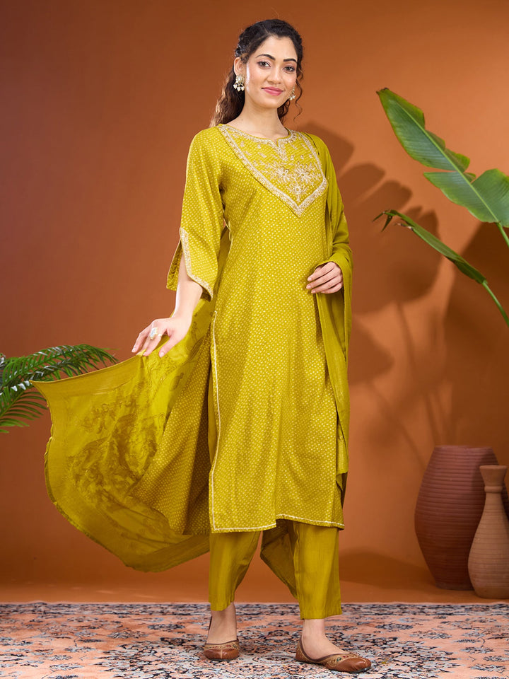 Mehandi Green Cording Chanderi Readymade Salwar Suit