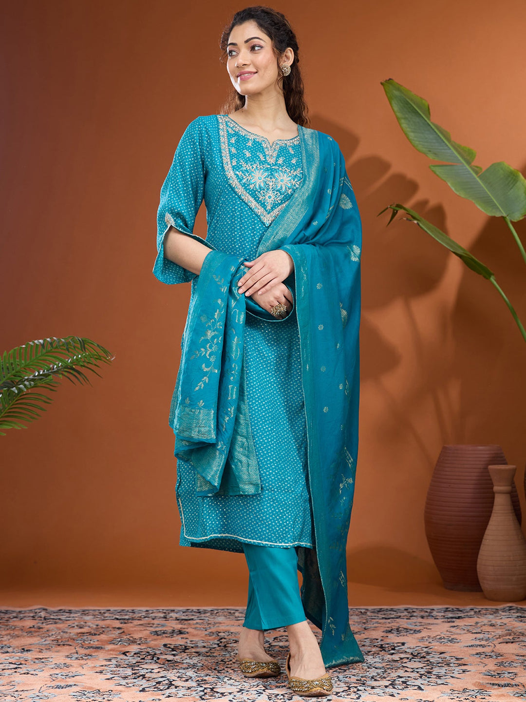 Turquoise Blue Cording Chanderi Readymade Salwar Suit