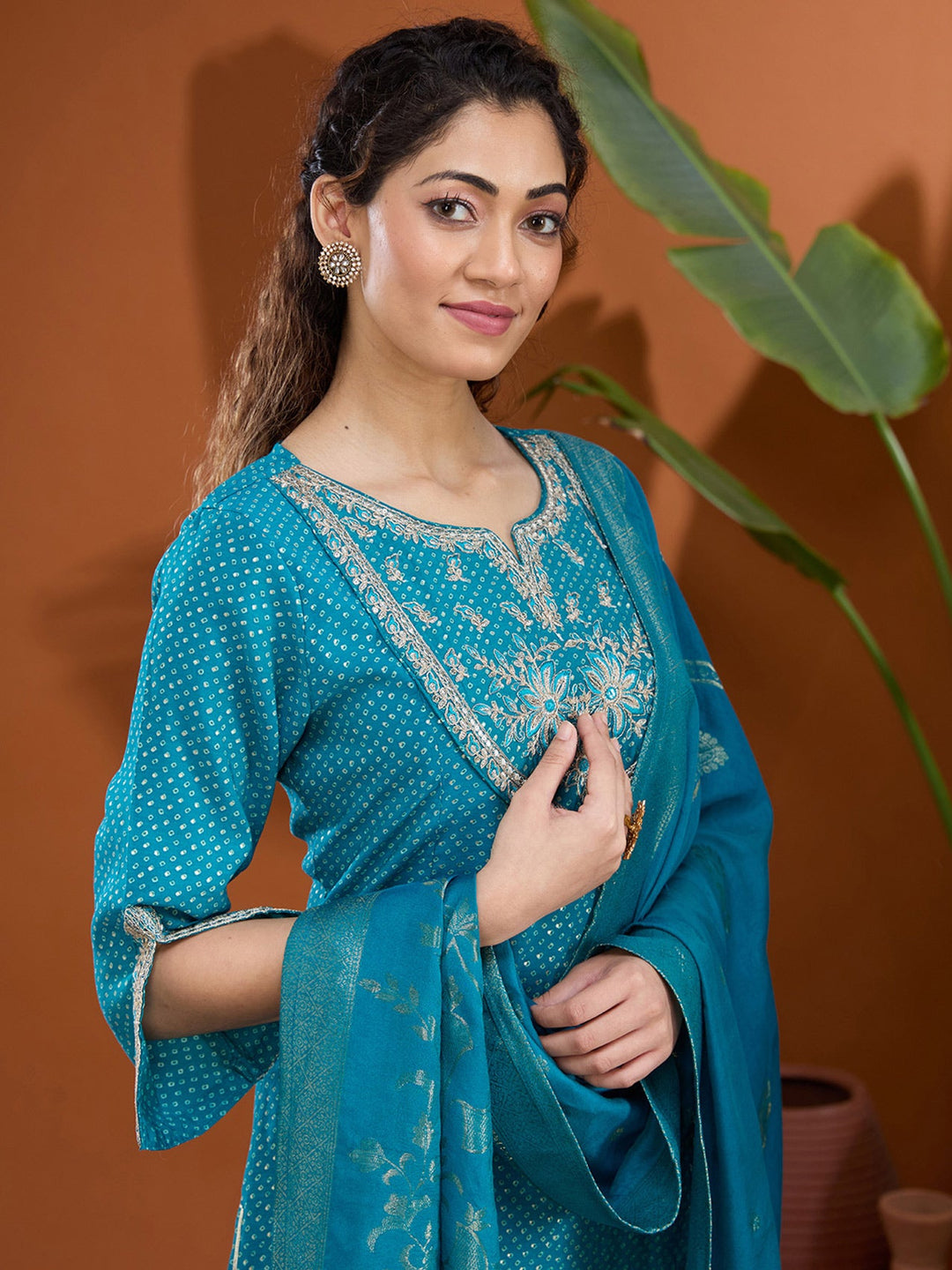 Turquoise Blue Cording Chanderi Readymade Salwar Suit