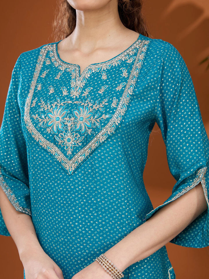 Turquoise Blue Cording Chanderi Readymade Salwar Suit