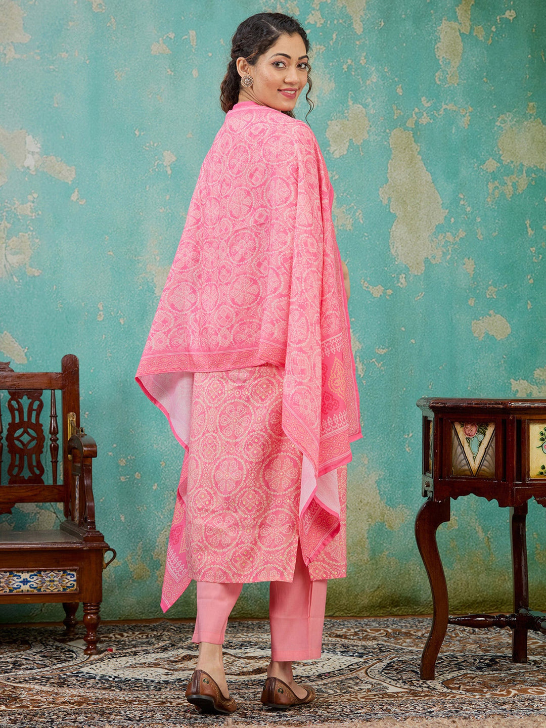 Pink Threadwork Chanderi Readymade Salwar Suit