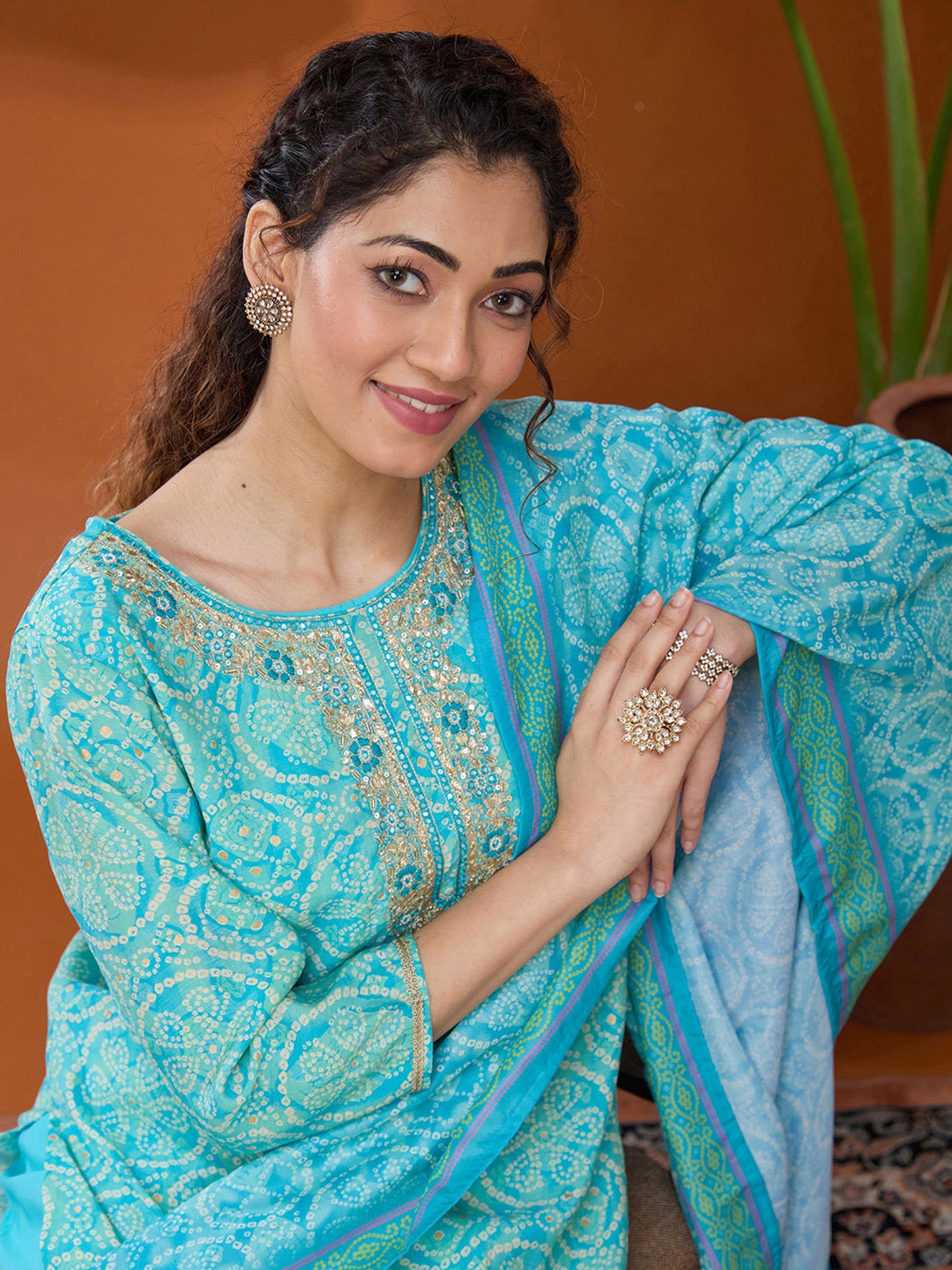 Turquoise Blue Threadwork Chanderi Readymade Salwar Suit