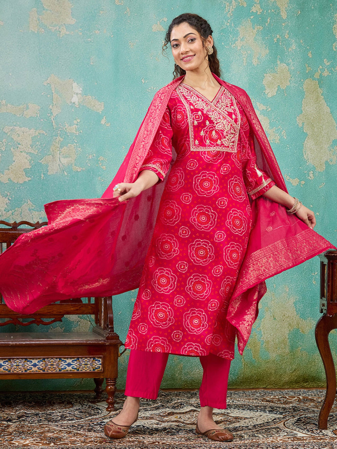 Rani Pink Sequins Chanderi Readymade Salwar Suit