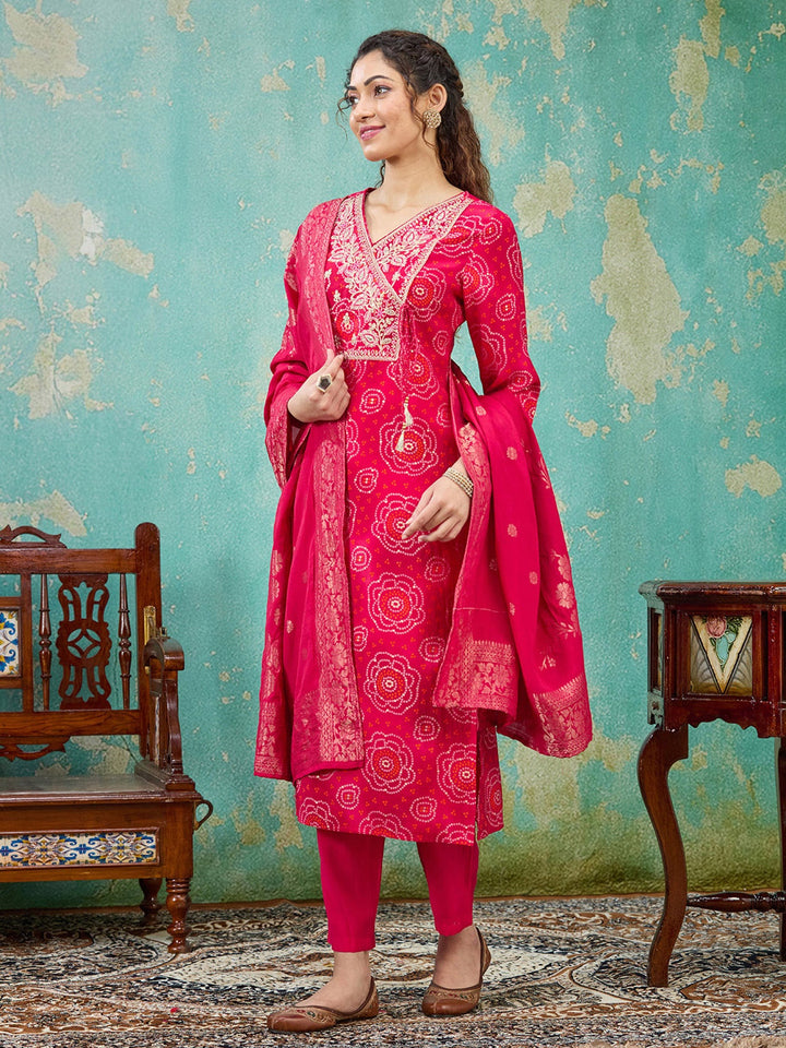 Rani Pink Sequins Chanderi Readymade Salwar Suit