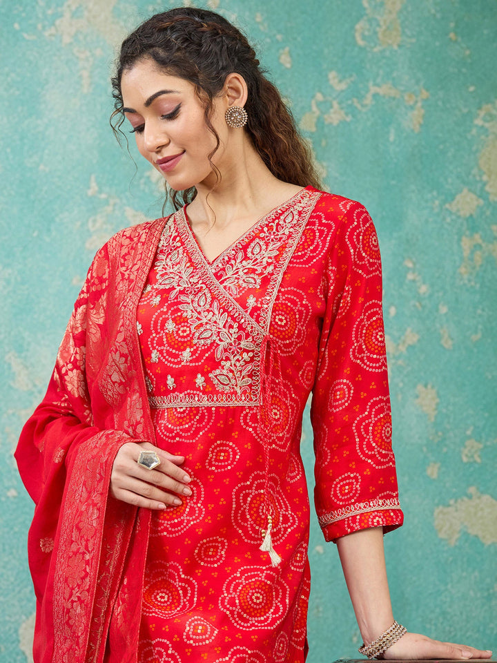 Red Sequins Chanderi Readymade Salwar Suit