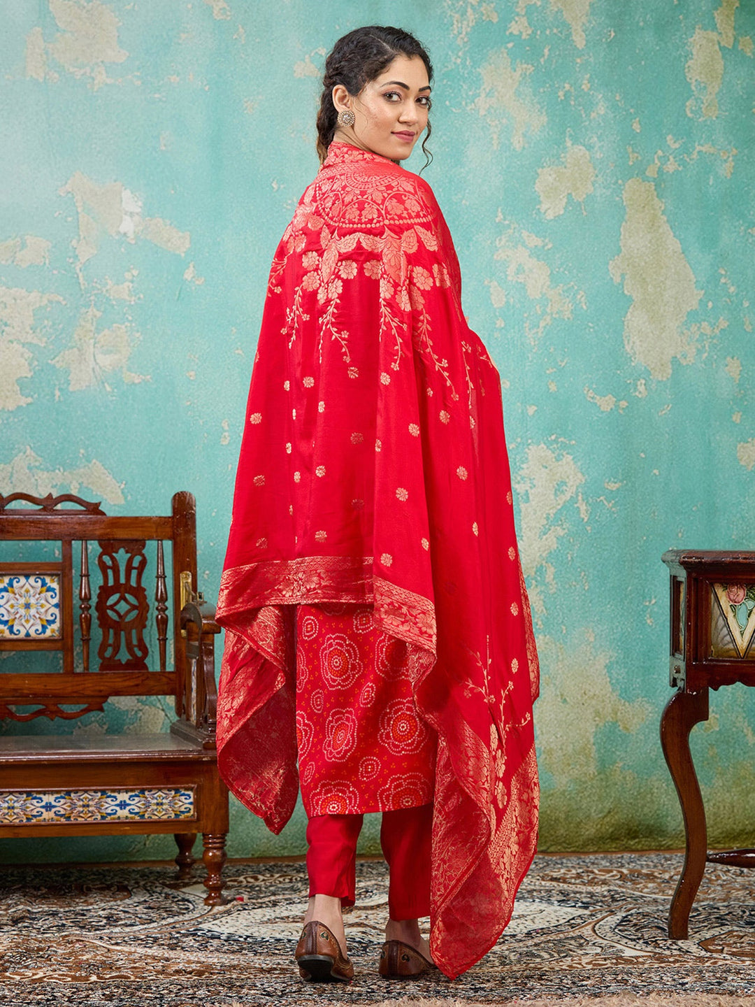 Red Sequins Chanderi Readymade Salwar Suit