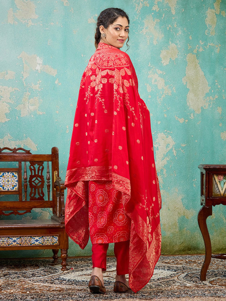 Red Sequins Chanderi Readymade Salwar Suit