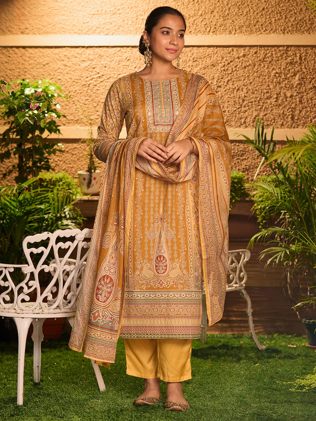 Mustard Yellow Cutdana Chanderi Readymade Salwar Suit