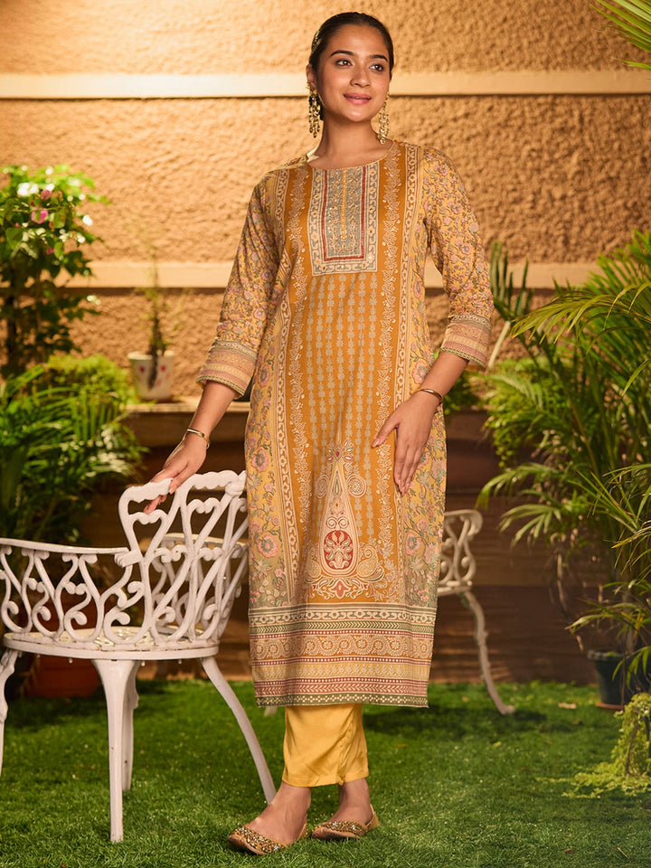 Mustard Yellow Cutdana Chanderi Readymade Salwar Suit