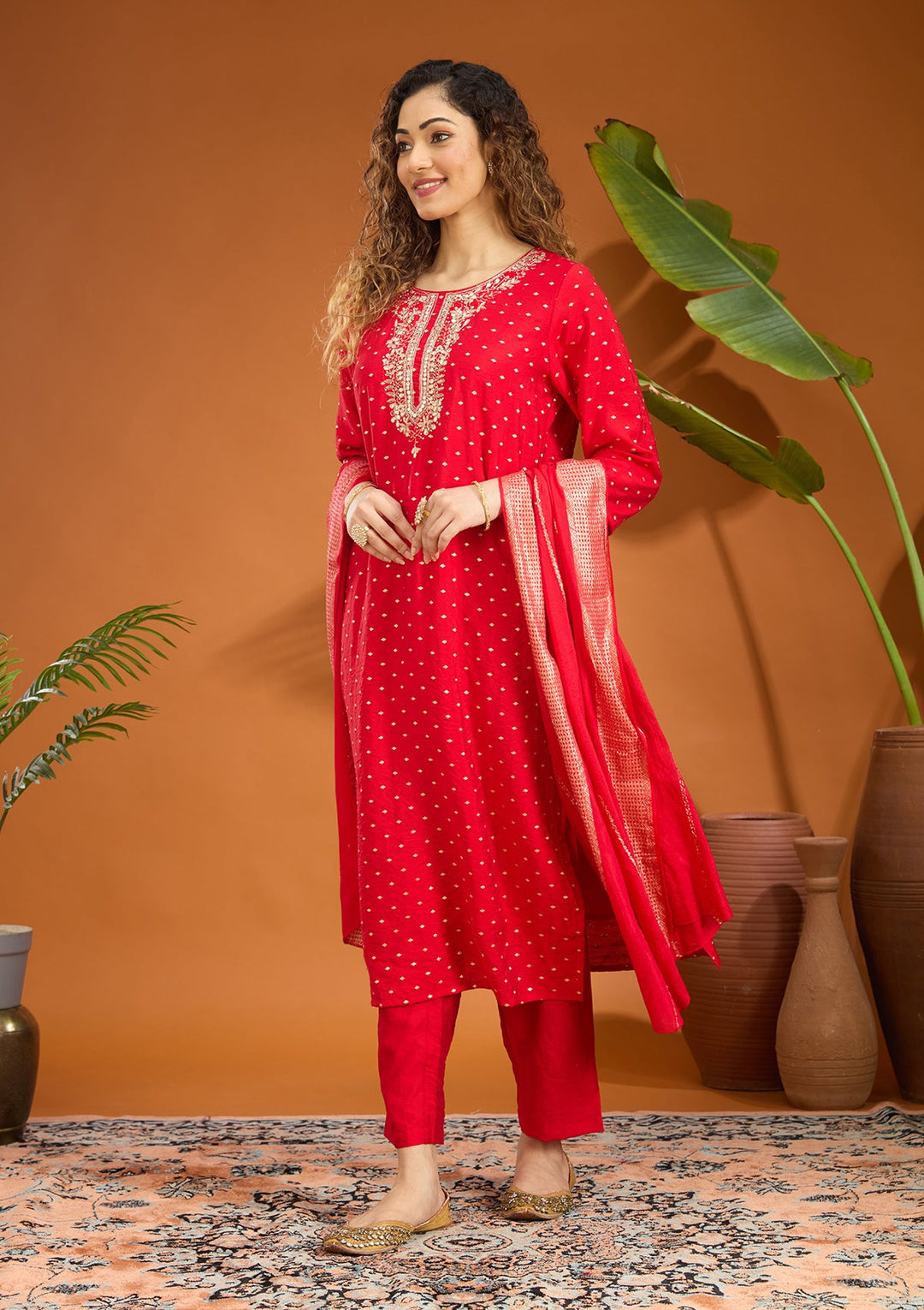 Red Cording Chanderi Readymade Salwar Suit