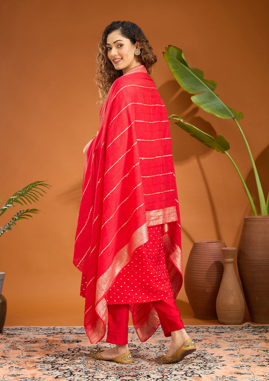 Red Cording Chanderi Readymade Salwar Suit