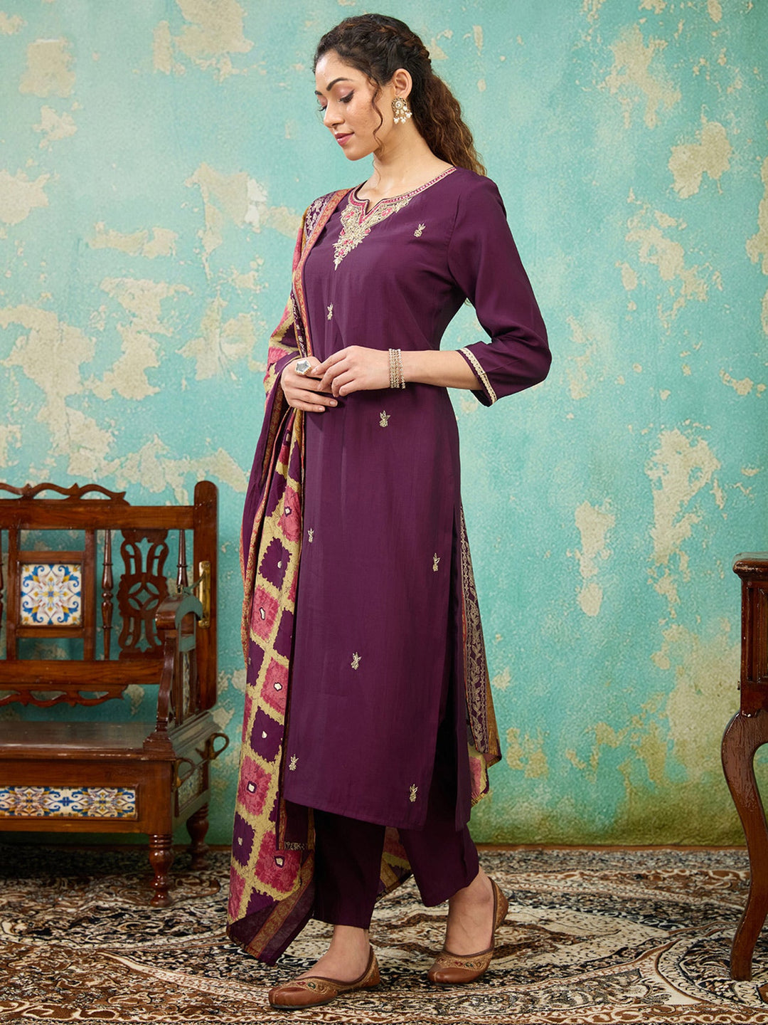Purple Zariwork Soft Raw Silk Readymade Salwar Suit