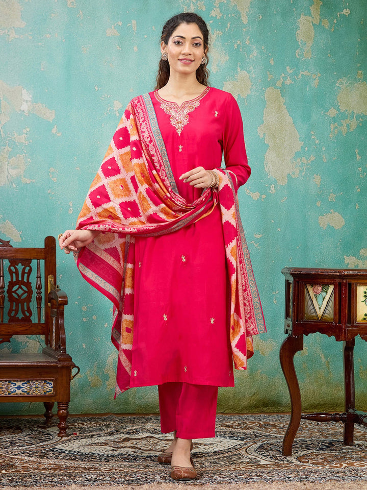 Rani Pink Zariwork Soft Raw Silk Readymade Salwar Suit