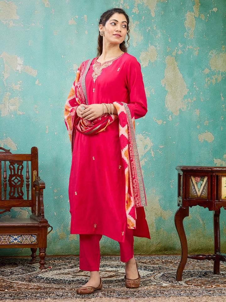 Rani Pink Zariwork Soft Raw Silk Readymade Salwar Suit
