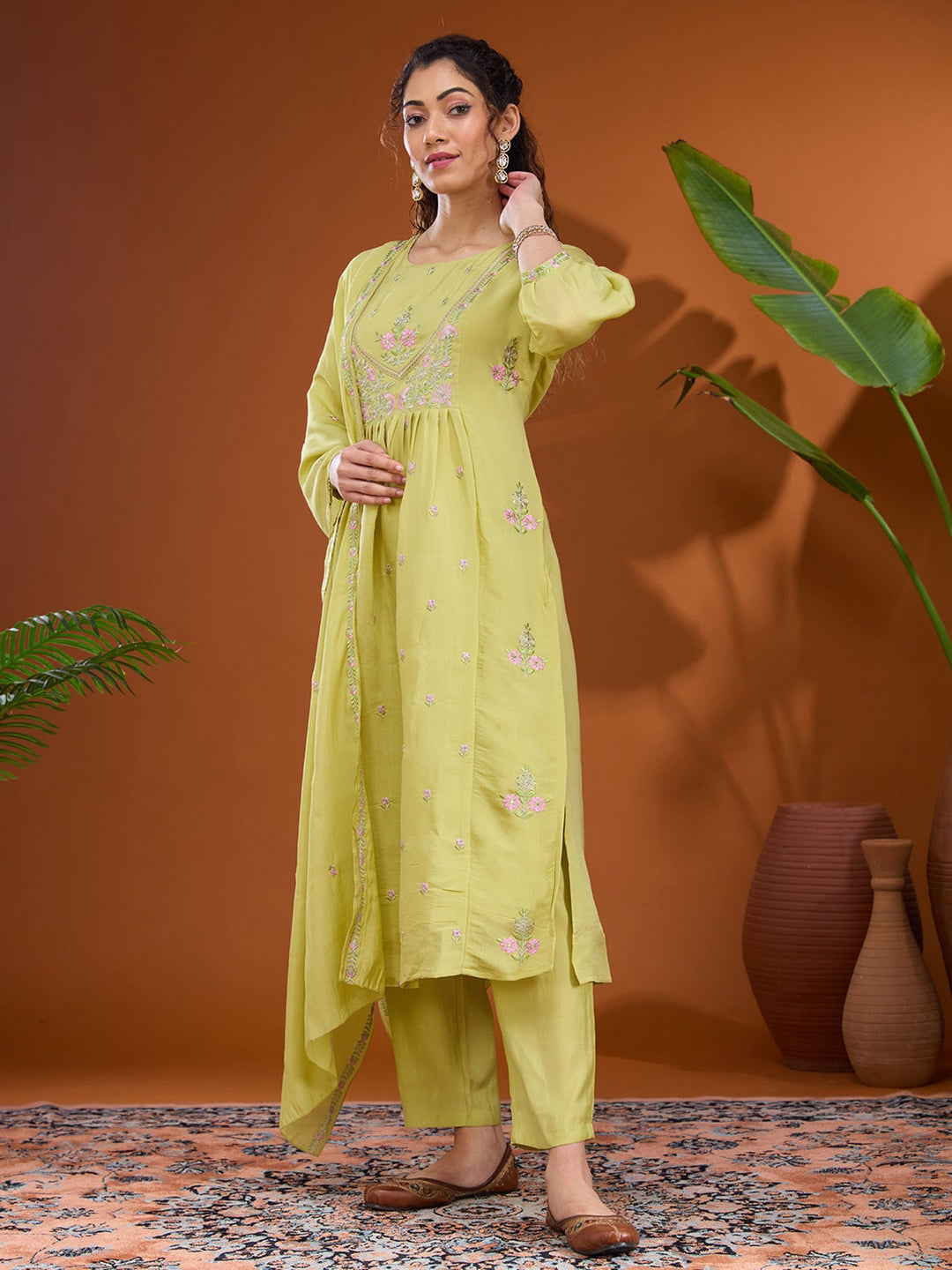 Pista Green Threadwork Chanderi Readymade Salwar Suit
